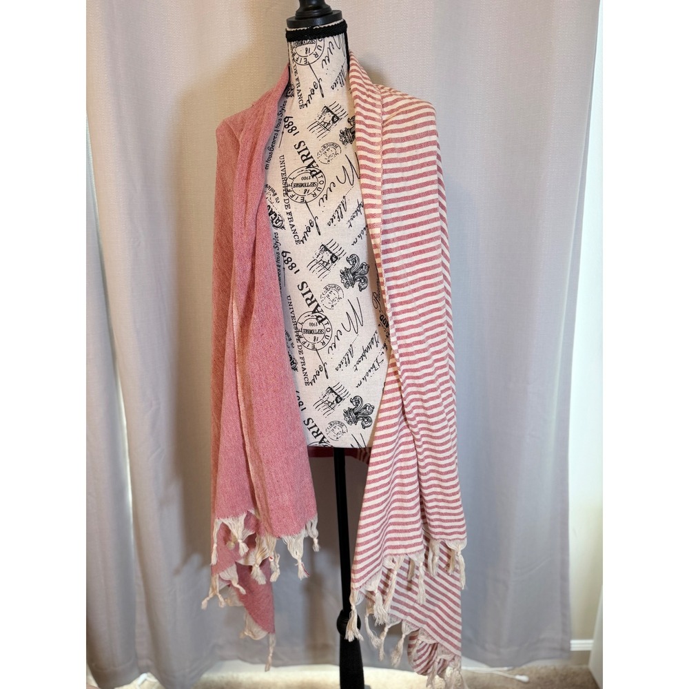 Red Striped & Pink Solid Cotton Tassel Fringe Wrap Scarf Oversized Shawl India